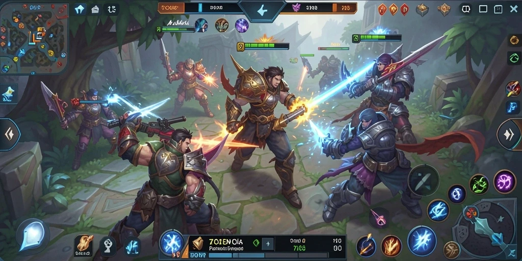 Screenshot gameplay MOBA yang menampilkan pertarungan hero di arena.