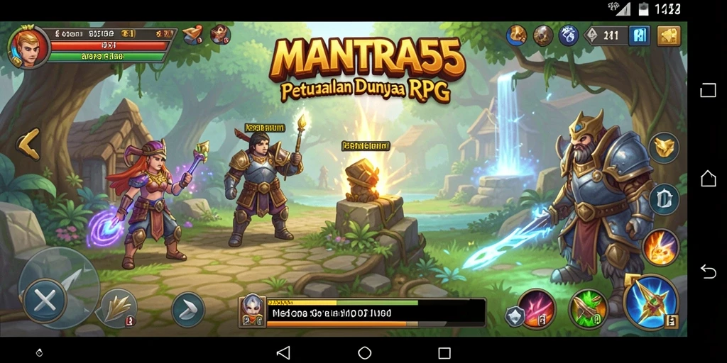 Screenshot gameplay MANTRA55 dengan tampilan karakter dan pertempuran epik.