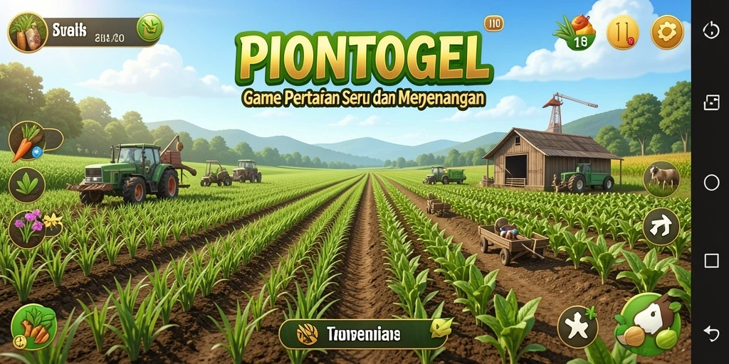 Tampilan gameplay PIONTOGEL yang menampilkan ladang subur dan aktivitas pertanian.