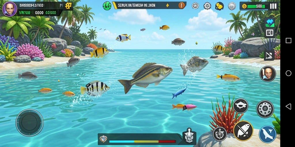 Tampilan gameplay seru dalam VM108, menembak ikan dengan berbagai senjata.